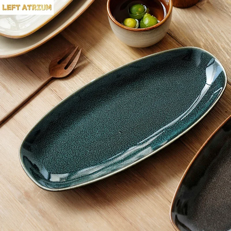Flame-Killed Ceramic Fish Plate Oval Sushi Sashimi Plate Dessert Pastry Plate Serving Plates Molecular Cuisine Tableware