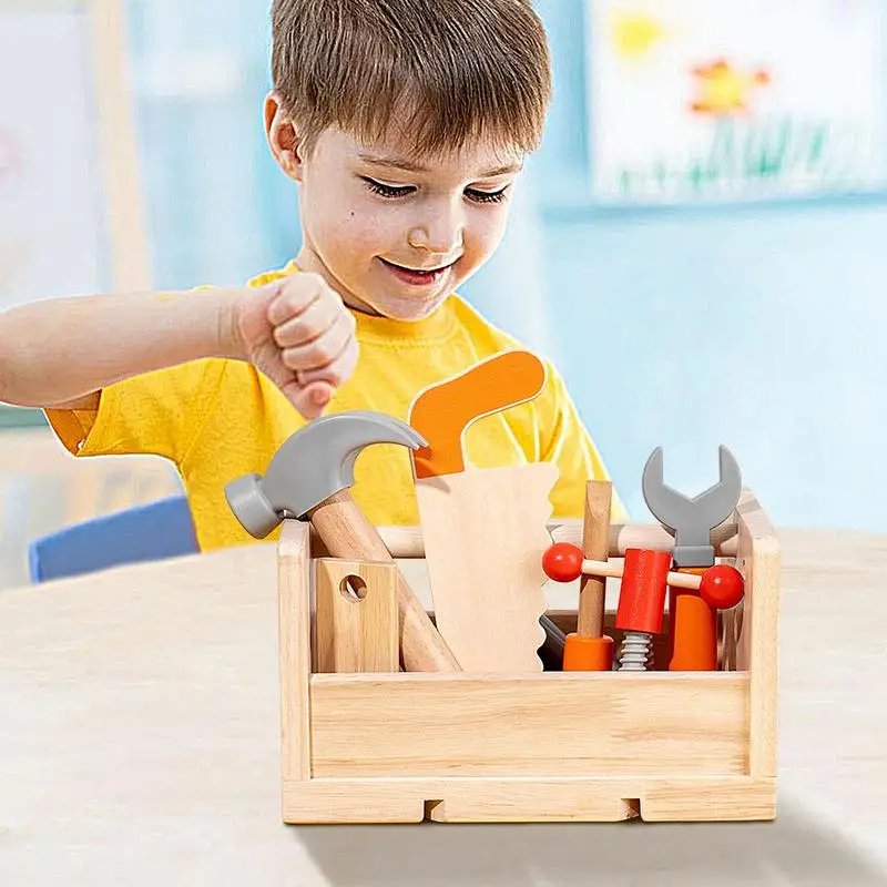 Tool Set for Kids 16pcs Wooden Toddler Construction Toy with Box Portable Montessori Early Developmental Toys Pretend Play Toys