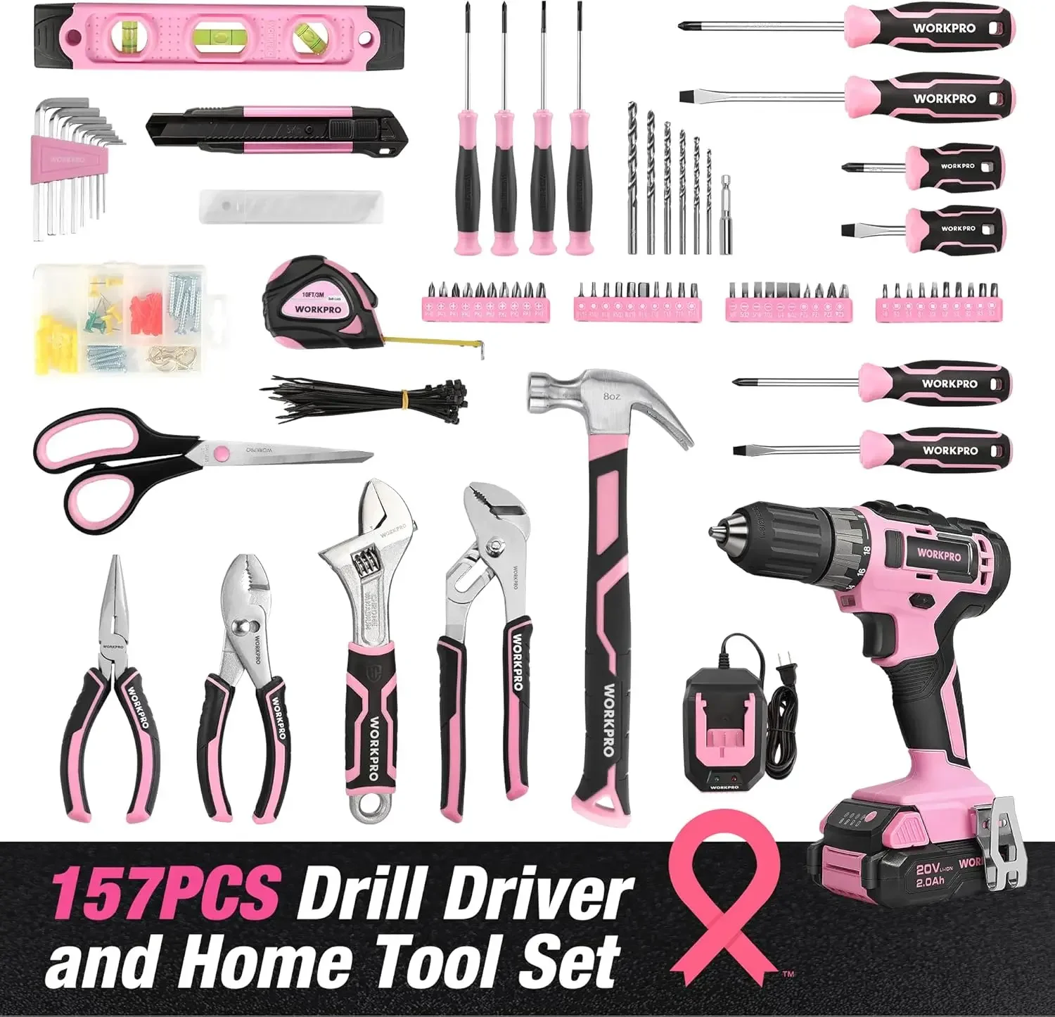 Pink Household Tool Kit with Drill, 157PCS Tool Set with 20V Cordless Lithium-ion Drill Driver, Home Tool Kit for All Purpose, P