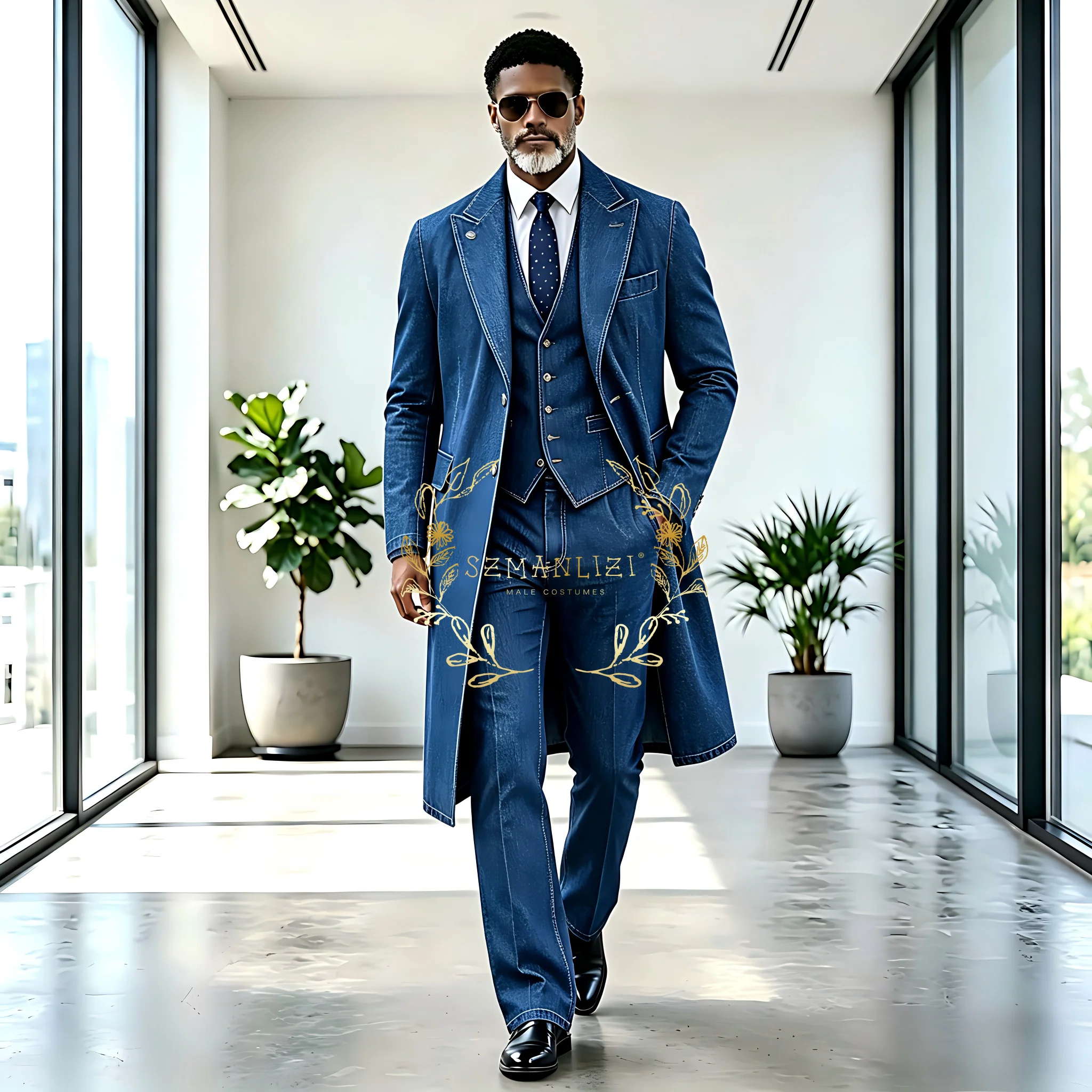 Herren Denim Business Anzug Lange Jacke Bräutigam Trauzeuge Hochzeit Party Abschlussball Formelle Anlässe Herren Smoking 3-Teiliges Set Blazer Weste Hose