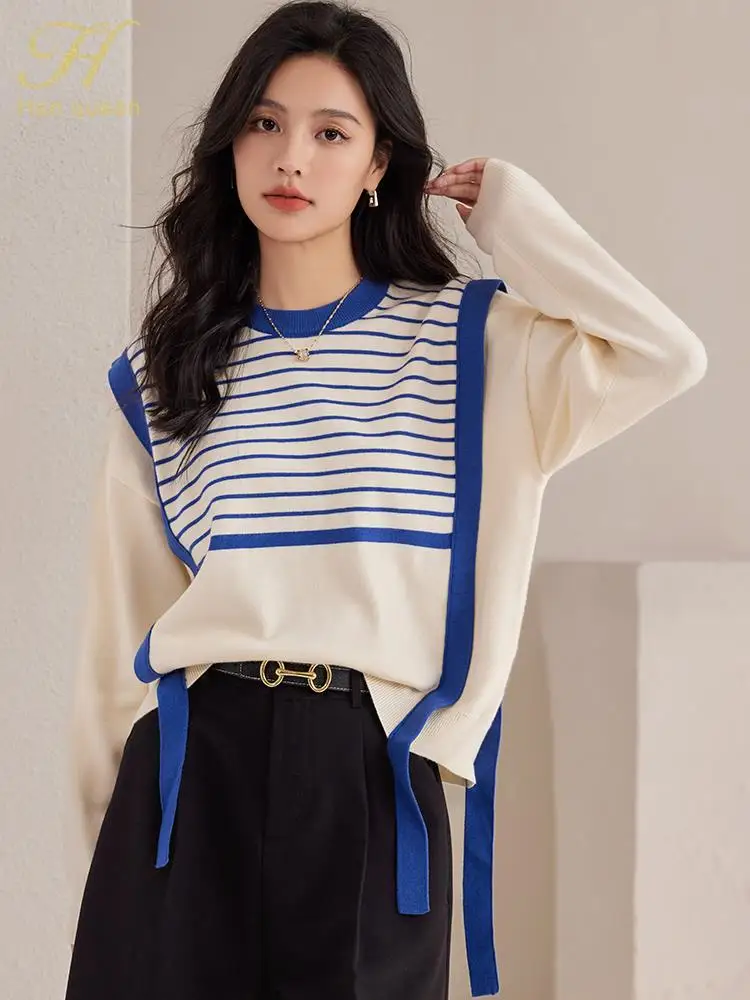 H Han Queen Korean pullovers sweater female autumn winter chic stitching stripes knitwear lazy wind vintage tops Women sweaters