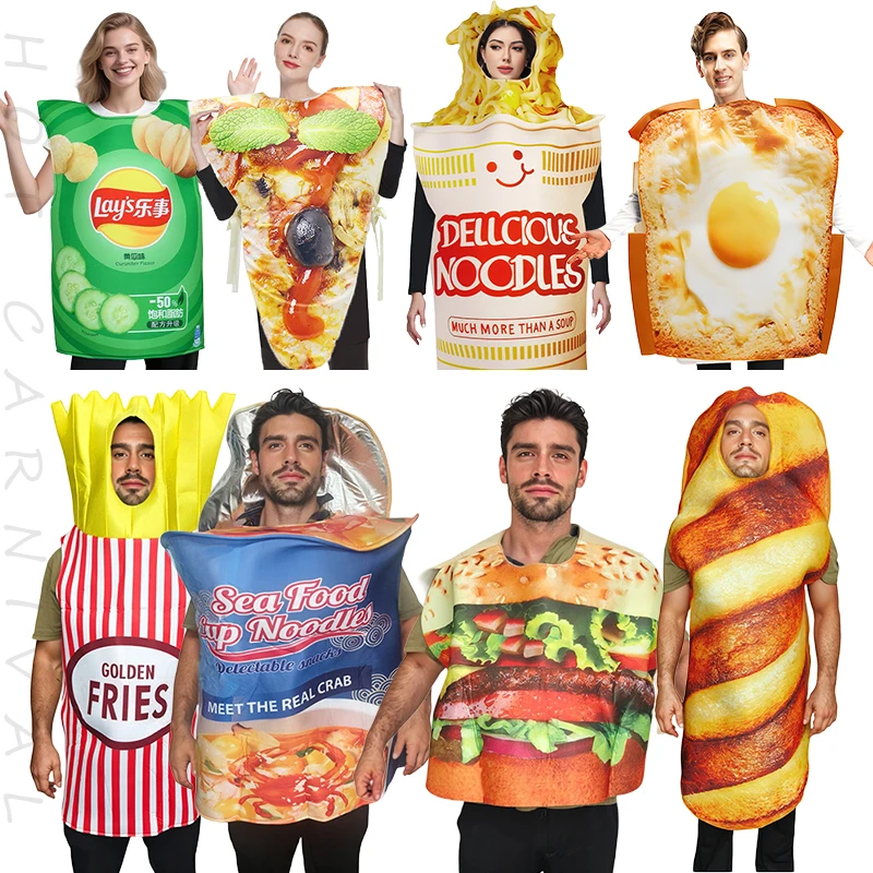 Divertido traje de esponja de comida elegante, hamburguesa, perros calientes, Pizza, etc., aperitivos para niños y adultos, fiesta divertida, varios disfraces de comida para juegos de rol