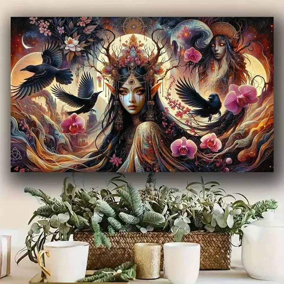 

Large Size Gothic Woman Crow Bird Orchid Flower Diy Diamond Painting Full Round Square Diamond Mosaic DIY Jewelry Cross Stitch