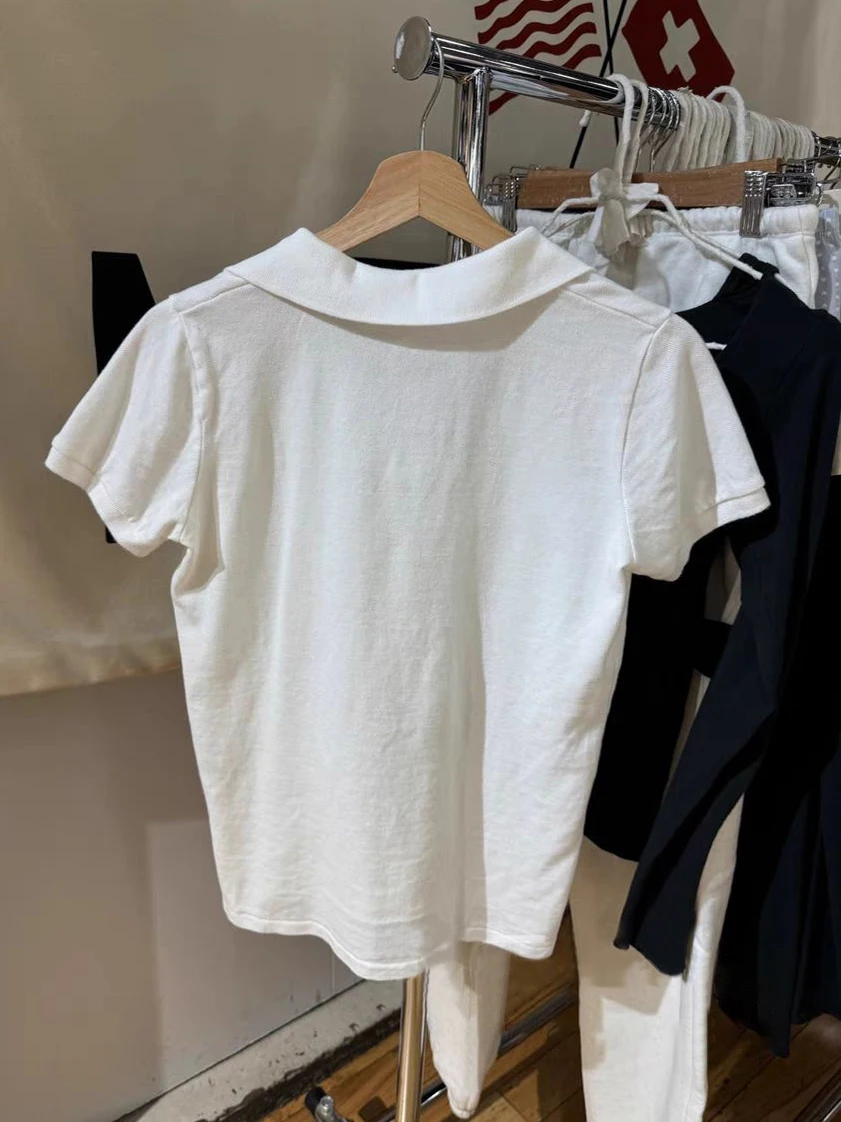 White Simple Slim T-shirts Summer Turn Down Collar Short Sleeve Cotton Tees Casual Vintage Sweet Preppy Style Y2k Top for Woman