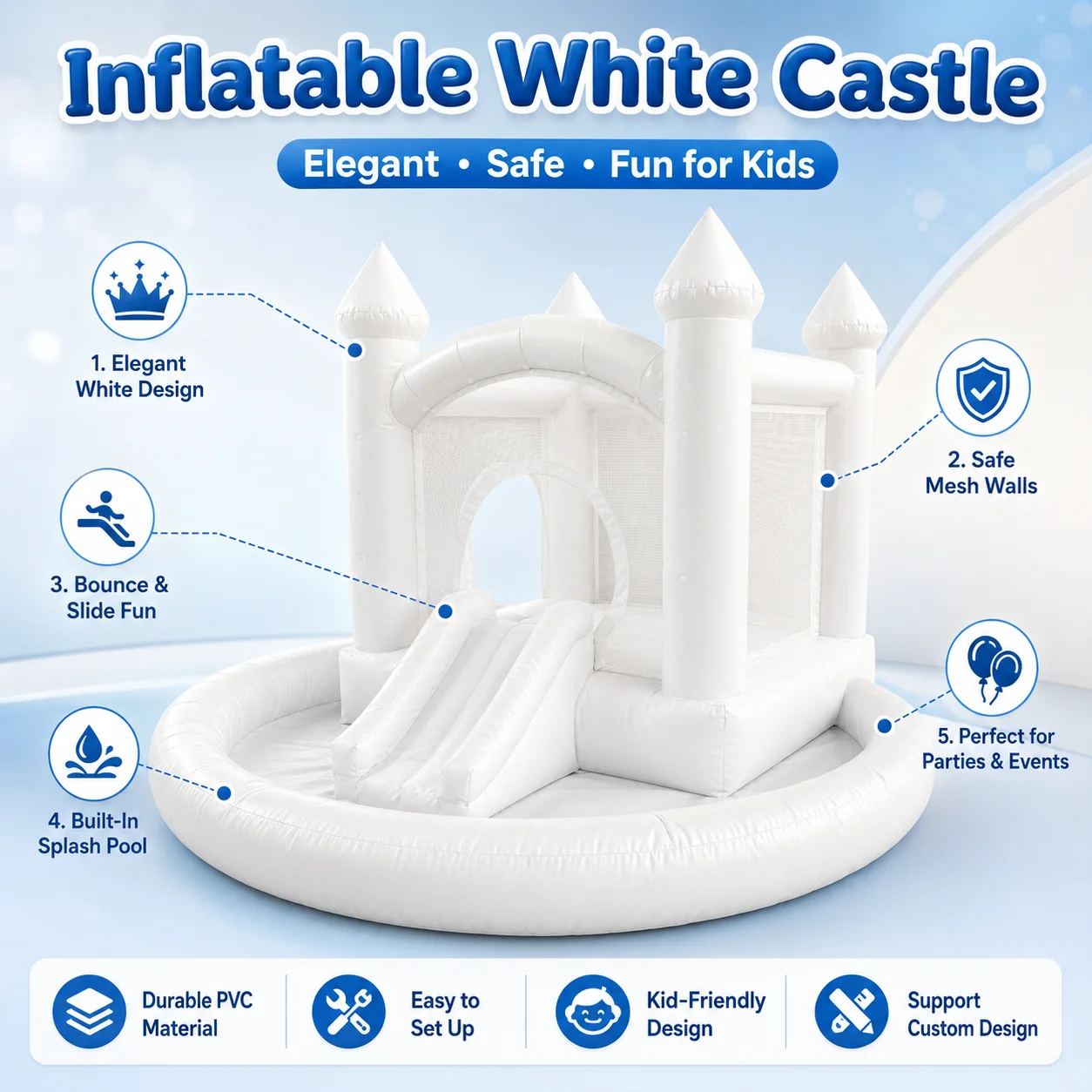 Inflatable Bounce House with Slide, Splash Pool, 6 in 1 Combo for Kids Parties, Backyard Events, Commercial Grade White Castle