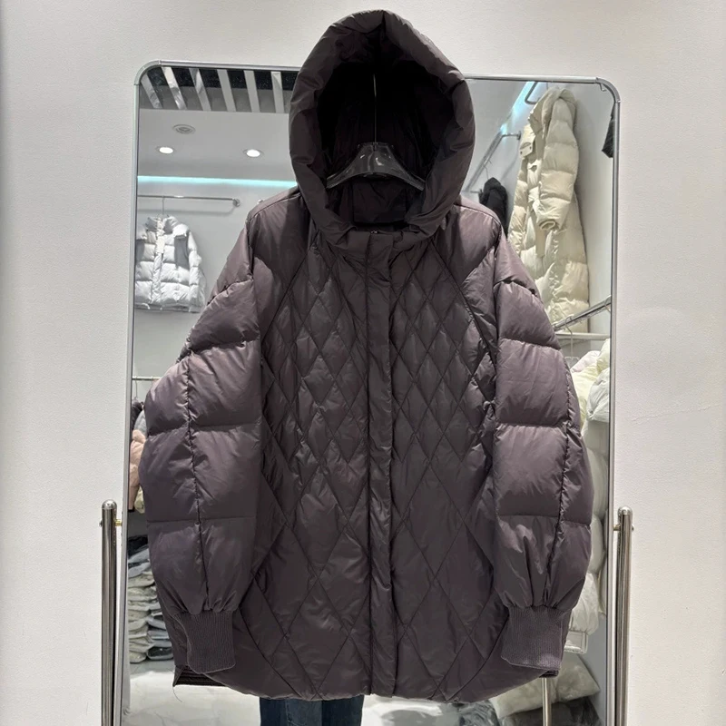 Schinteon Chaqueta de plumón de pato blanco para mujer con capucha Casual suelta talla grande Argyle cálido Otoño Invierno prendas de vestir 2025 abrigo nuevo
