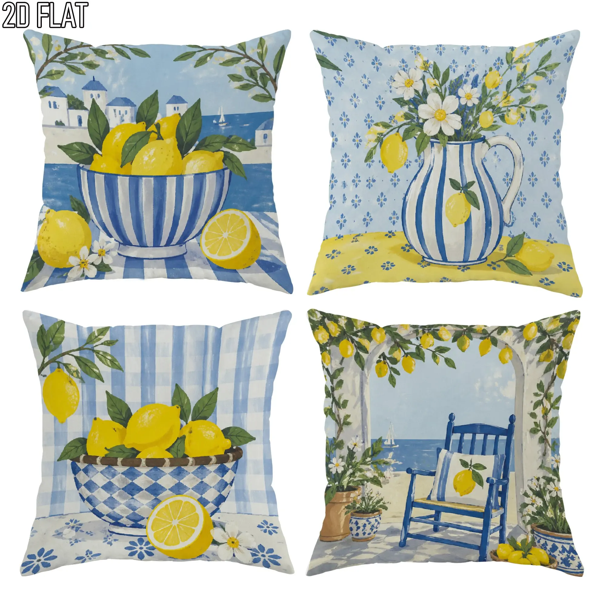 Set of 4 Lemon Print Pillow Cases Coastal Mediterranean Summer Throw Pillow Covers Nautical Beach Vacation Decor Square Cushion