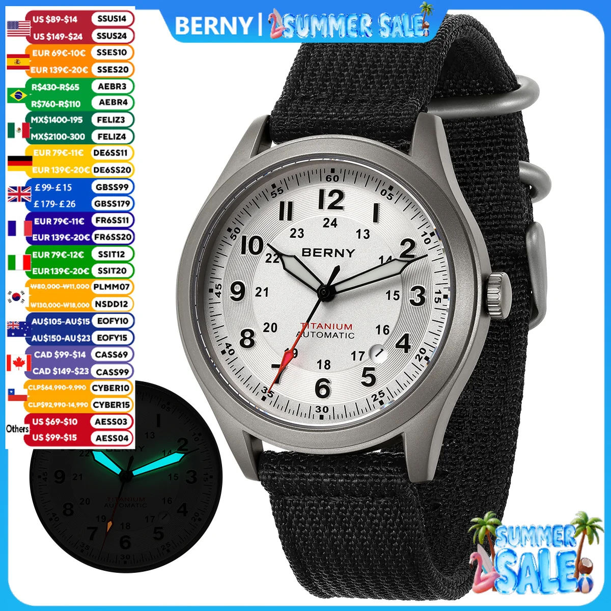 BERNY Titanium Automatic Men\'s Watches Date Sapphire Super Luminous Field Mechanical Watch Outdoor Sports Easy Read 10ATM