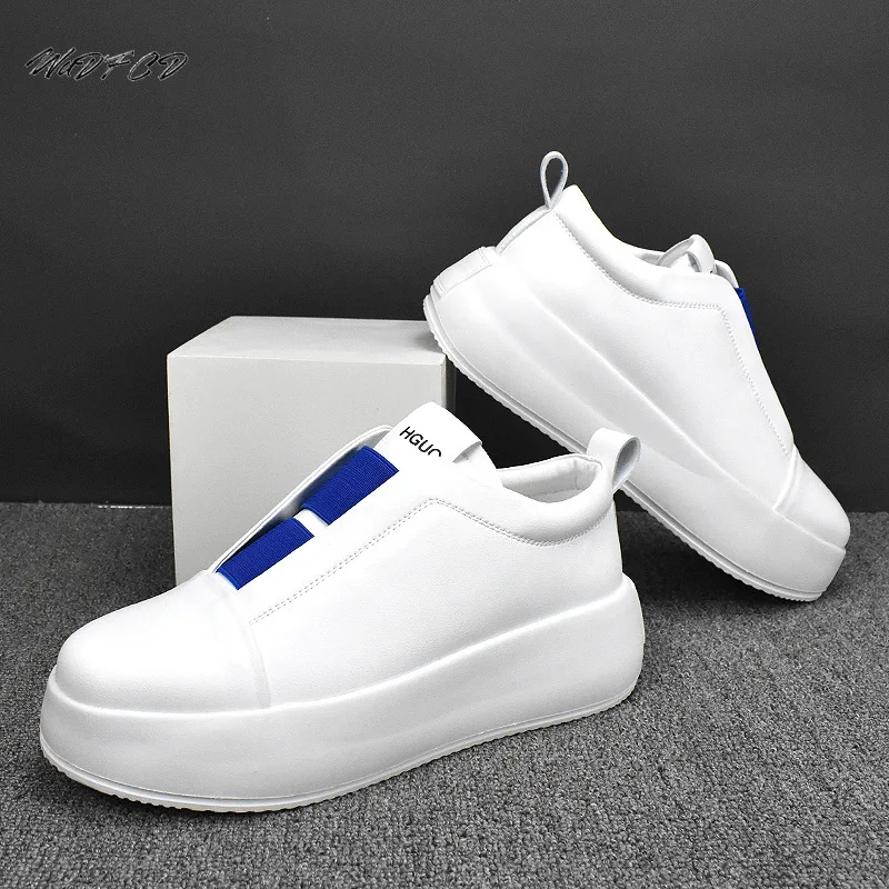 Running Sneaker Men Easy Matching White Shoes Fashion Casual Microfiber Leather Upper Height Increased Flat Platform Board Shoes