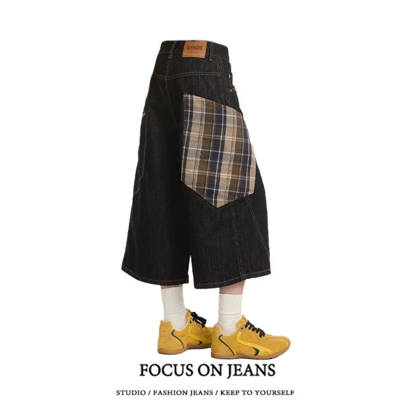 Women's Y2K Streetwear Denim 7-Point Pants 2026 Summer New Plaid Patchwork Wide Leg Casual Loose Shorts