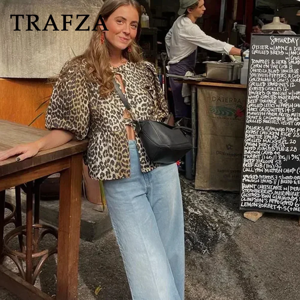 TRAFZA 2024 Spring Summer Casual Leopard Shirts Women Fashion Vintage Lace Up Loose Blouses O Neck Chic Elegant Female Tops