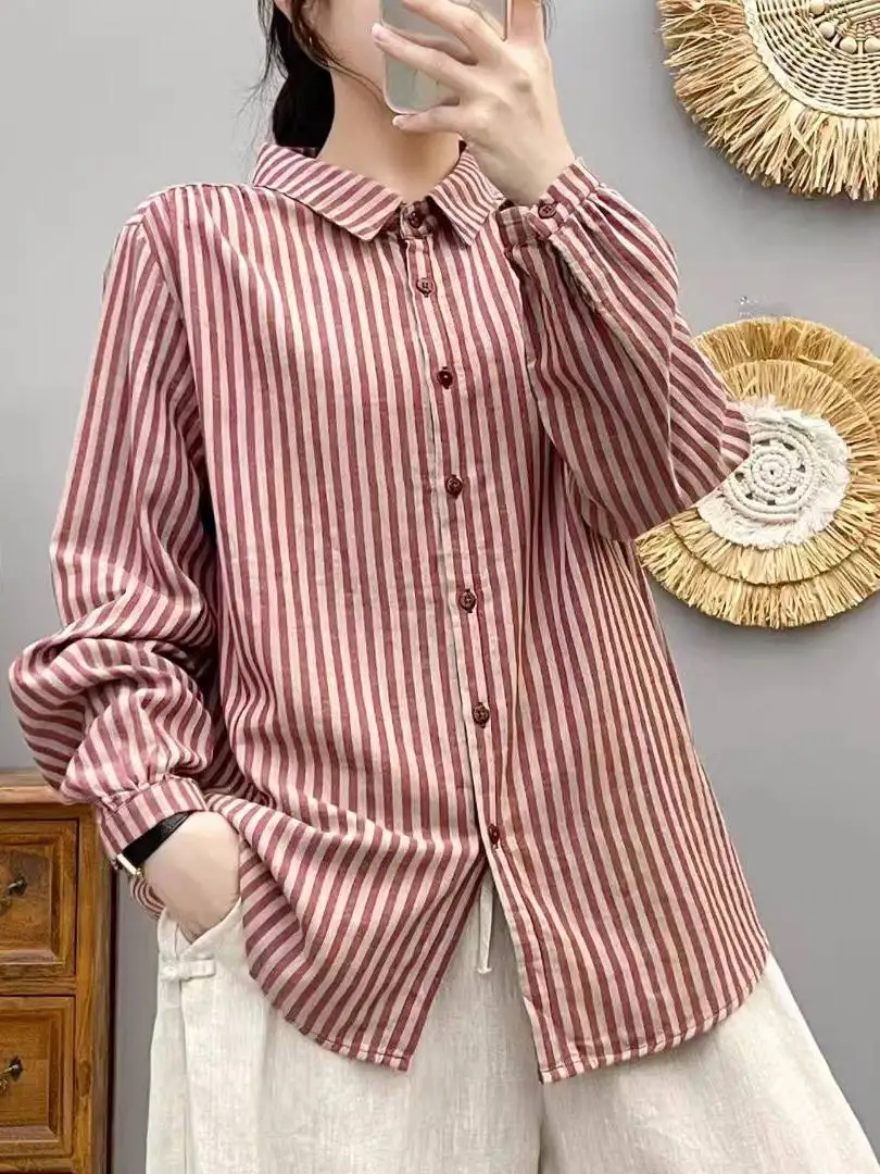 

Модная женская полосатая рубашка из хлопка с длинным рукавом, на пуговицах, повседневная, свободного кроя, весенняя, для города