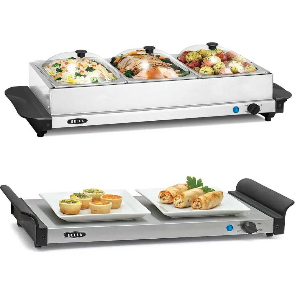 

Triple Electric Buffet Server with 4.5 Quart Capacity - Stainless Steel Food Warmer and Slow Cooker for Party Catering