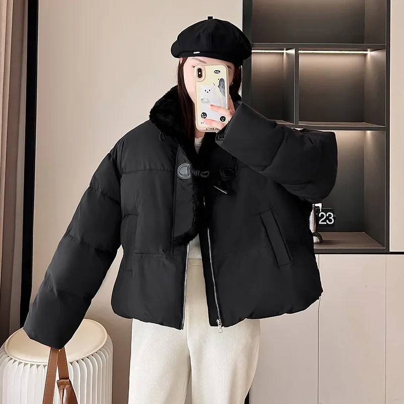 Down Cotton Jacket for Women 2024 Winter New Style Student Western-Style Cow Horn Button Cotton Jacket