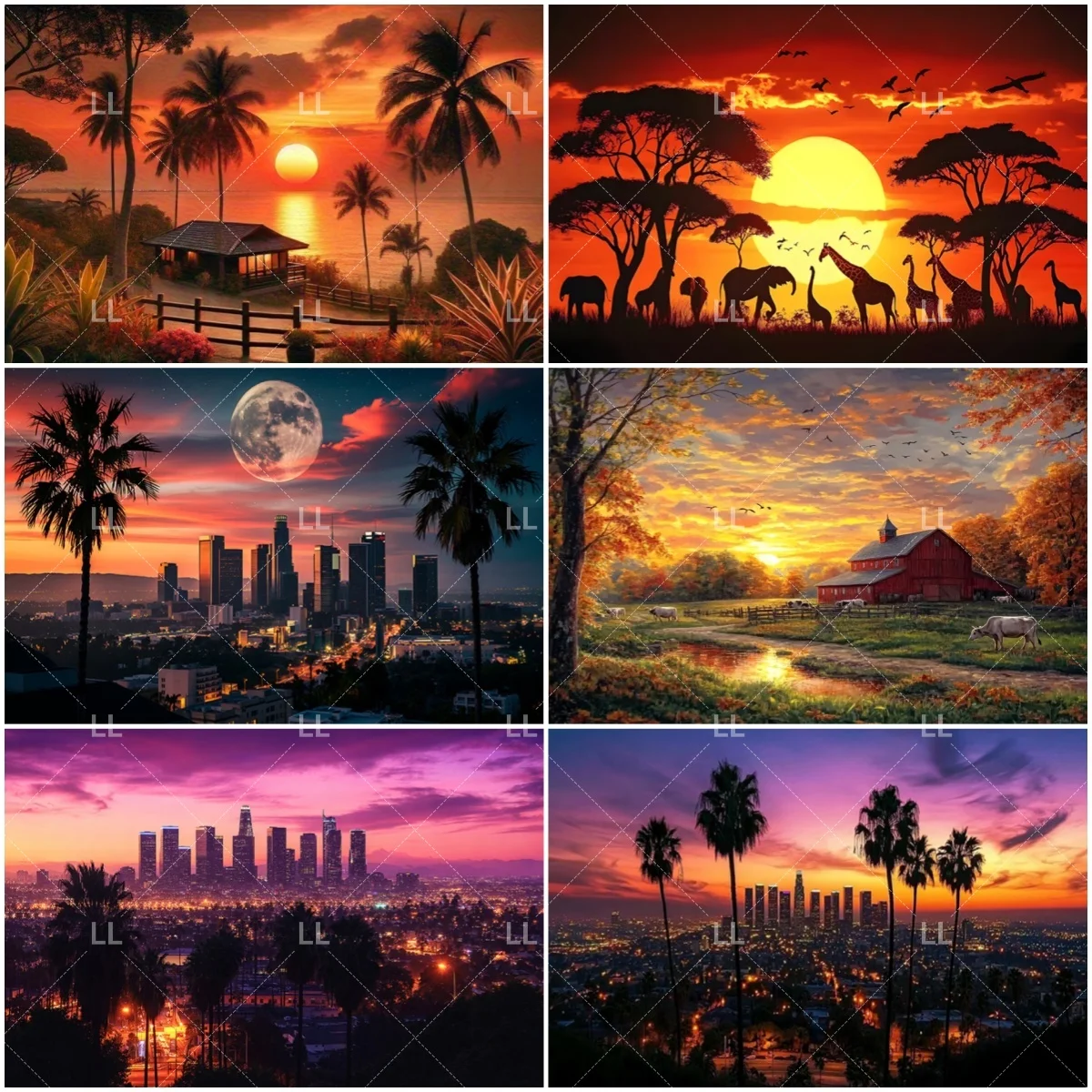 

LA City Sunset Photography Backdrop Party Decor Palm Tree Beach Flower Skyline Background Travel Holiday Kid Gift Portrait Prop