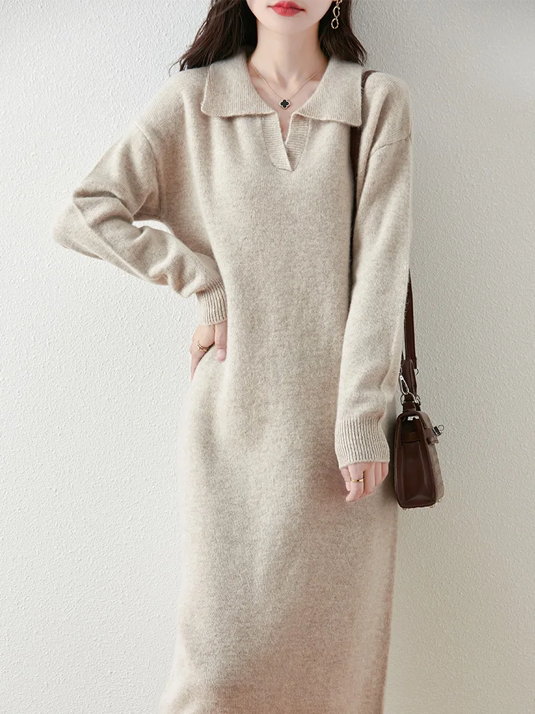 Women Wool Dress Polo Collar Pullover Sweater 100% Merino Wool Knitwear Straight Skirts Casual Fashion Wool Autumn Winter Dress