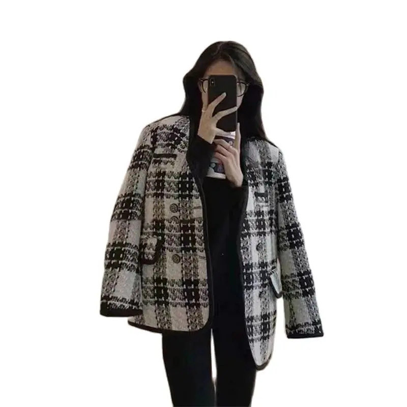 

Fashion Design Tweed Woolen Coat Female Tops 2023 New Spring Autumn Women's Jacket Round Neck Loose Fashion Korean Outerwear