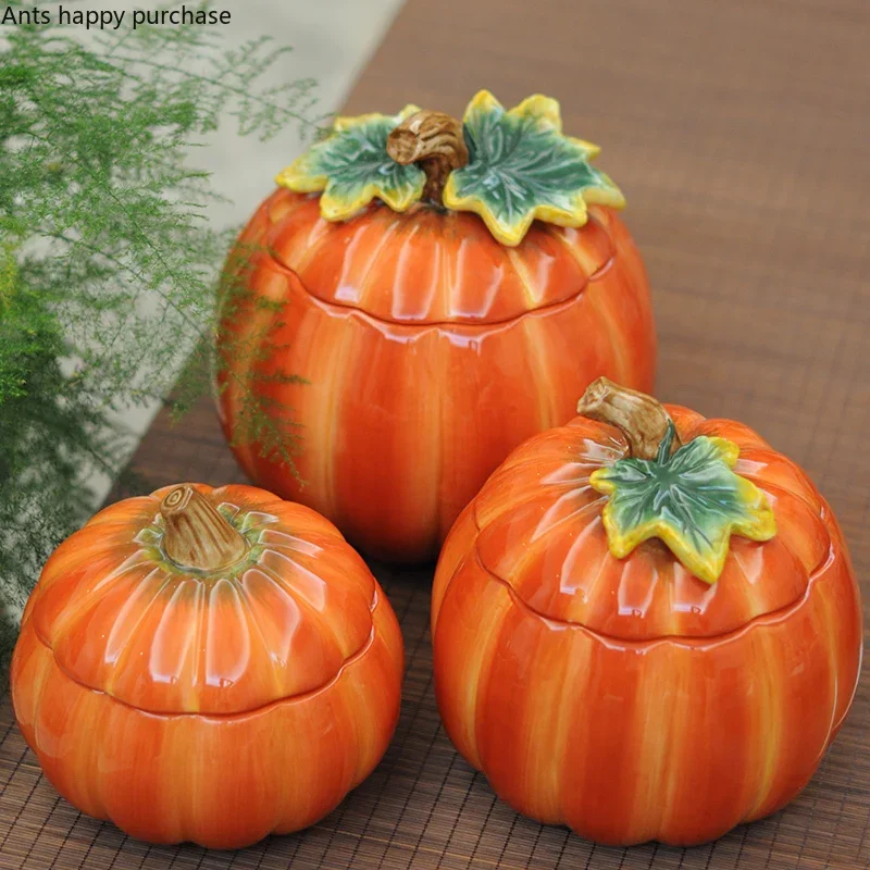 

Ceramics Pumpkin Storage Jar Candy Jar Manual Painted Decoration Sealed Jar Food Storage Box with Cover Ornaments Decor Crafts