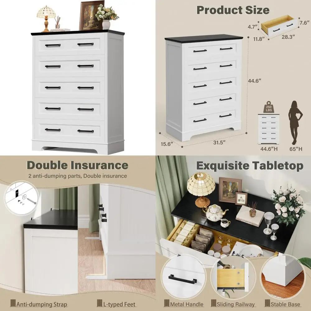 

Farmhouse Style 5-Drawer Bedroom Dresser, White Multi-Tier Clothing Storage Cabinet