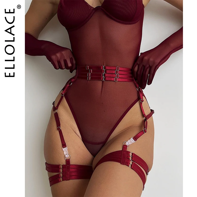 Ellolace Tight Fitting Lace Bodysuit Sexy See Through Erotic Body With Gloves Garter Night Club Outfit Sissy Crotchless Mesh Top