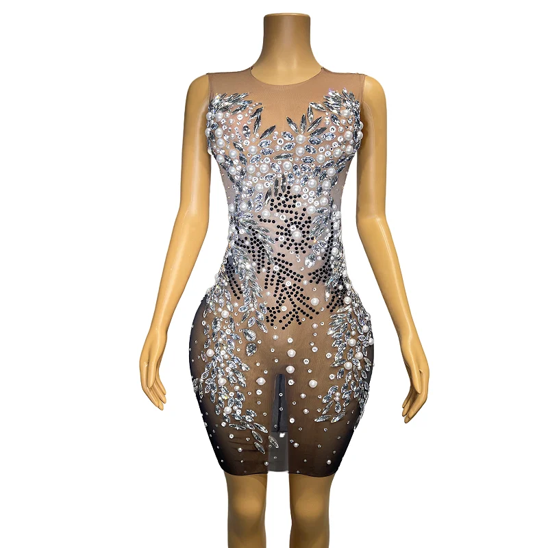 

Shining Silver Big Crystals Sexy Transparent Dress Sleevelss Rhinestones Dance Birthday Celebrate Stones Outfit heizhu