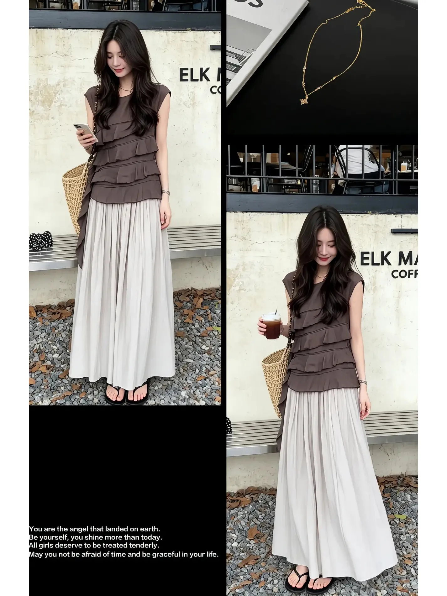 

Elegant Two-Piece Set Women's Summer 2026 New Design Asymmetrical Top Beige Skirt Breathable Casual Style for Adults