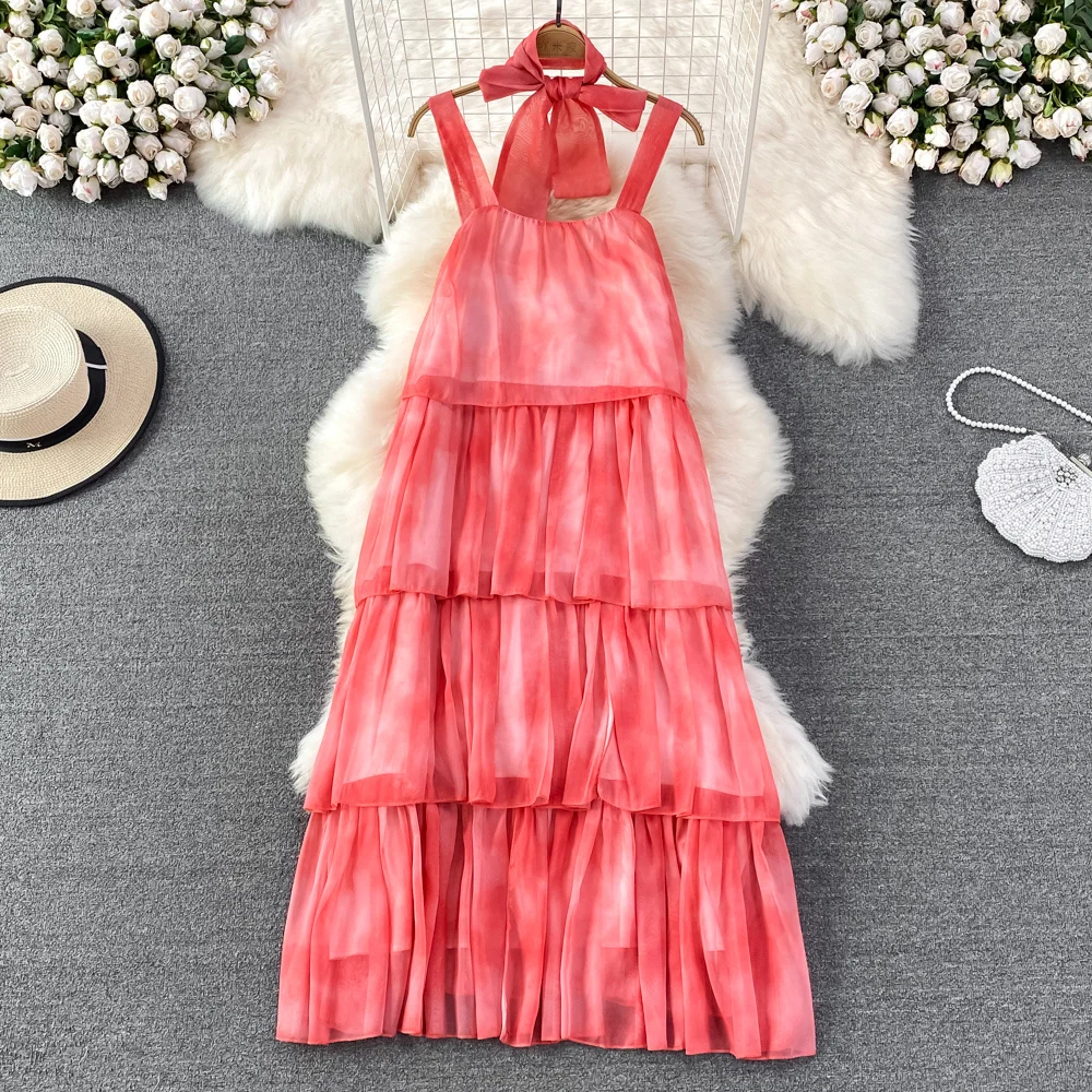 Holiday Boho Dress Seaside Beach Super Fairy Women Ruffles bretella Dress Girls Loose Pink Long pieghettato Holiday photo Dresses