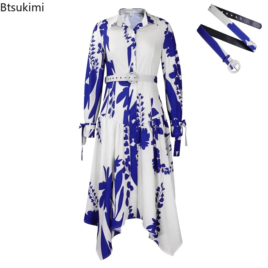 2024 Temperament Print Shirt Dress Women's Chic Lapel Button-up Long Sleeve Dresses Irregular Hem Elegant Ladies Dress with Belt