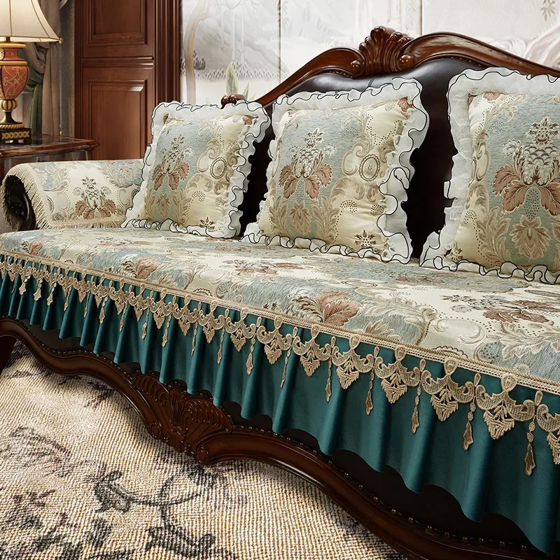 Pastoral Lace Skirt Sofa Cushion Jacquard Anti Slip Seasons Protective Mat Rental Room Old Sofa Decorative Cover Cloth 70-240cm