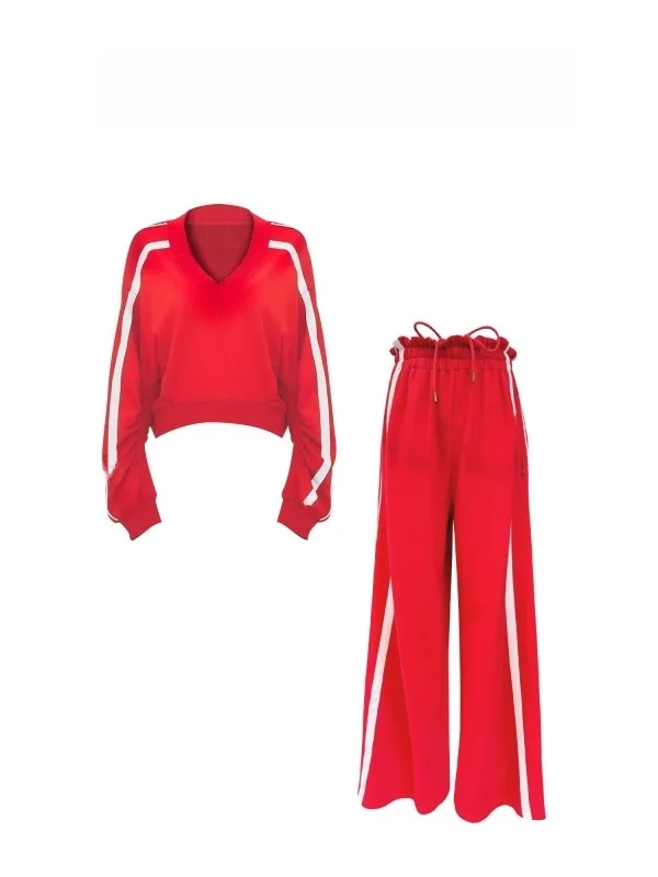

Ele Red Sweatirt Wide Leg Pants Two Piece Set Commute Sportswear Women's Faion High Waist Long Pants Spring Season