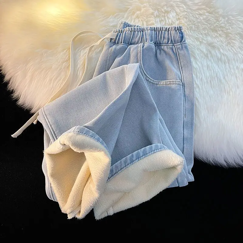 Jeans optiques en peluche pour garçons, pantalons en denim chauds à jambes larges, esthétique coréenne des années 2000, jeans hip hop, noir et gris, Y2K, mode hivernale