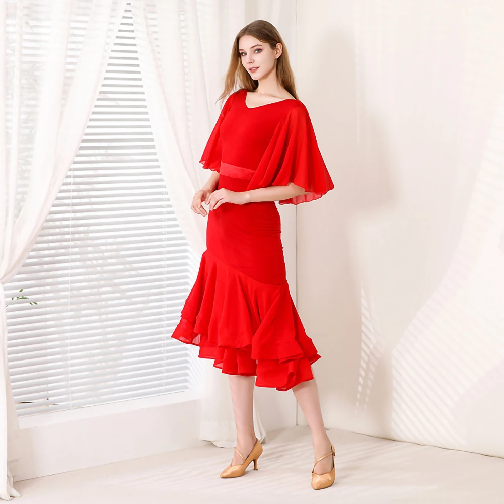 

Modern Dance Costume Red Ballroom Dress Standard V-Neck Lotus Sleeve Waltz Stage Dress Sexy GB Universal Dress