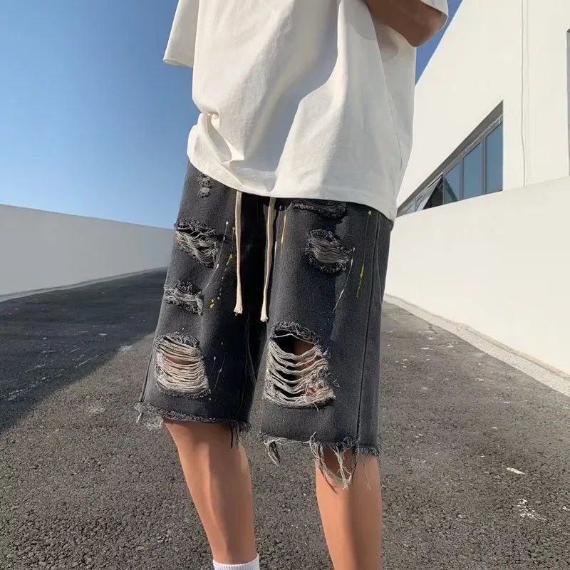 Summer Men's Vintage Ripped Denim Shorts Oversize 250 Pounds High Street Trendy Brand Fleece  Five-Point Pants Casual Loo...