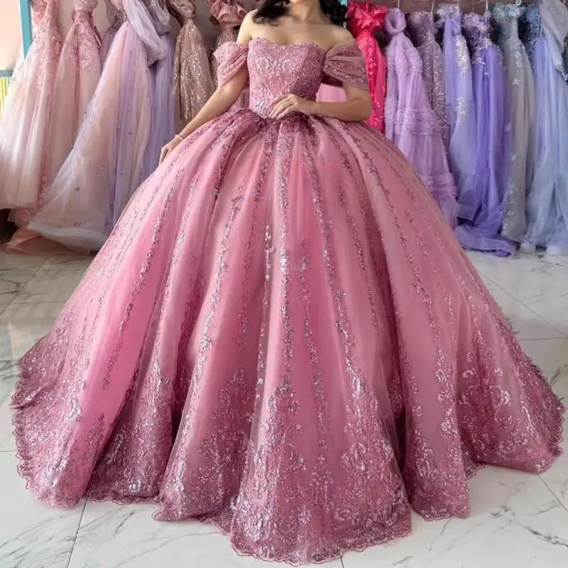 

Sku Blue Shiny Quinceanera Dresses Sweetheart Sequin Applique Lace Beads Crystal Tull Ball Gown Vestidos De 15 Años XV Brithday