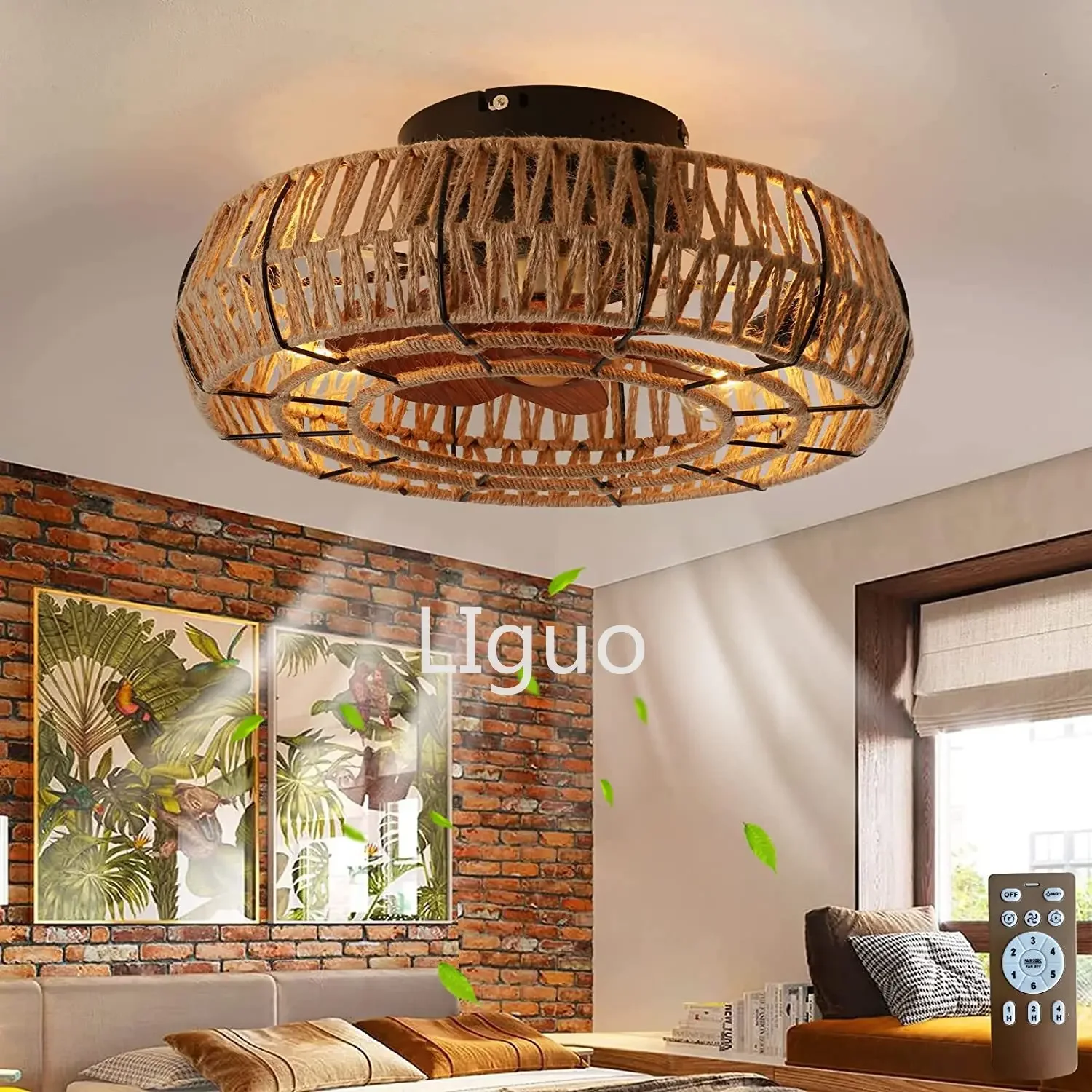 

American retro cage ceiling fan lamp dining room bedroom ceiling lamp hemp rope industrial wind ceiling fan with light remote