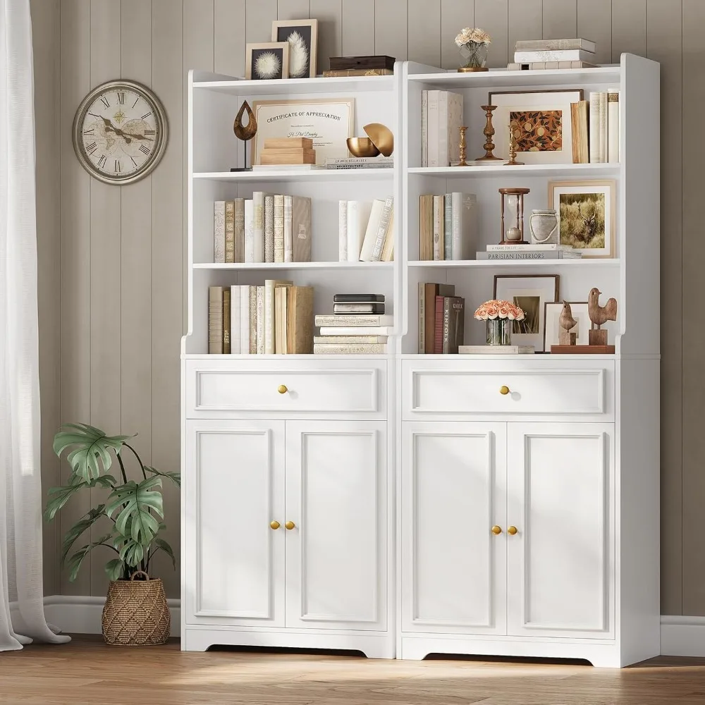 أرفف كتب وخزانة كتب بأبواب وأدراج وأرفف، رف كتب طويل 73 بوصة مع مساحة تخزين، كتب قائمة على الأرض مكونة من 7 طبقات