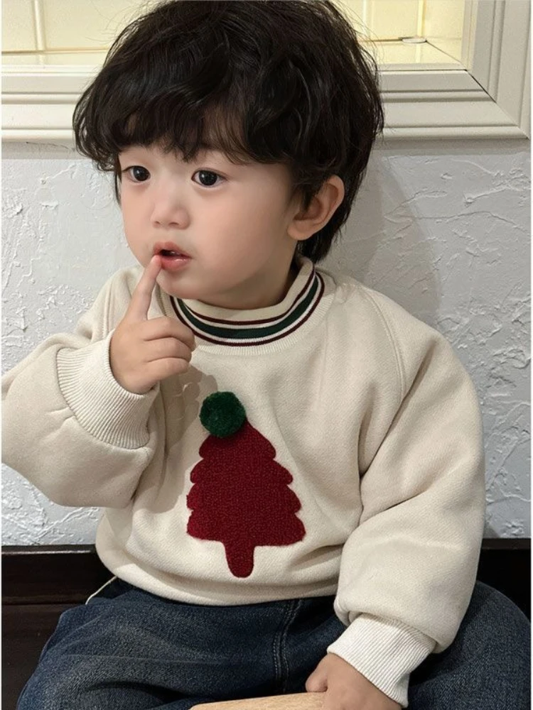 Kids Fleece Lined Sweatshirt Cartoon Embroidery Double Layer Thick Warm Pullover Toddler Boys Girls Winter Tops