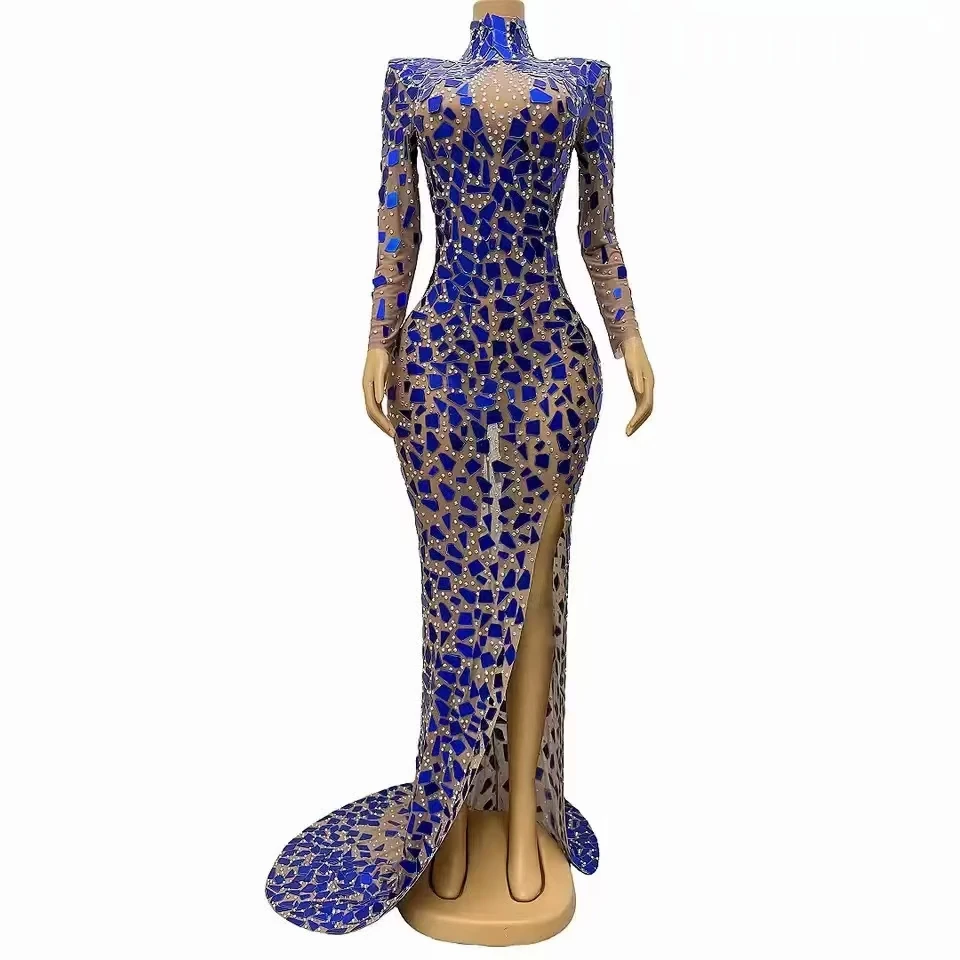 

Sparkly Rhinestone Mirrors Transparent Mesh Stage Performance Costume Nightclub Women Birthday Party Evening Dress Stage Outfit