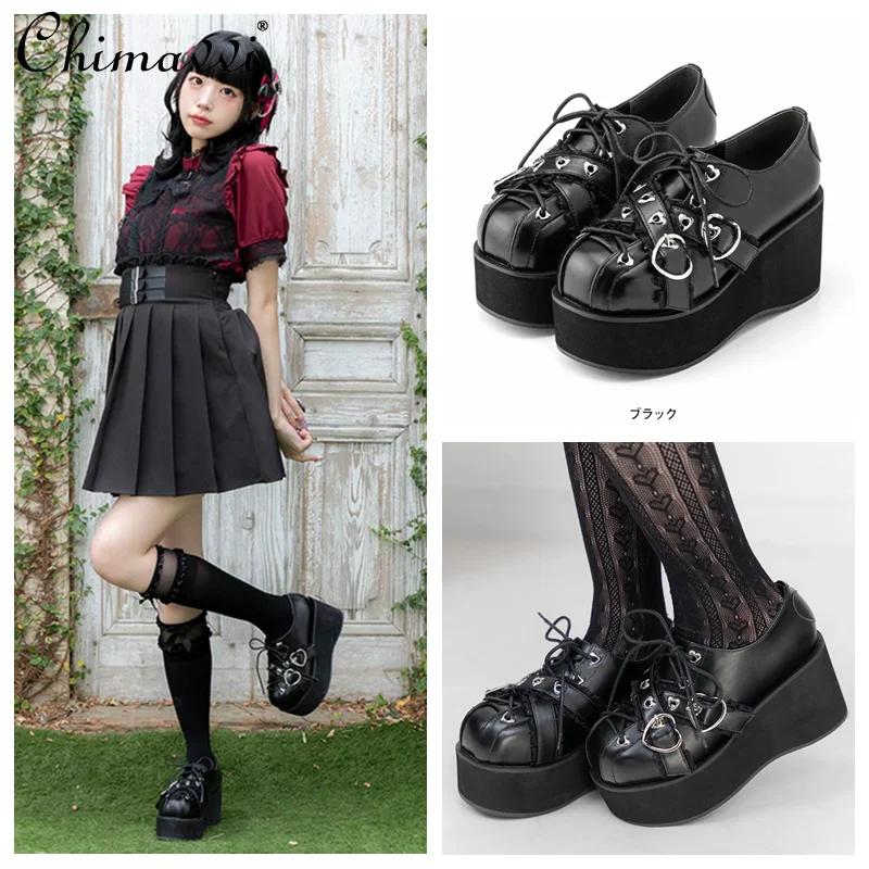 

Japanese Ins Retro Love Heart Buckle Thick Bottom Platform Student Female Lolita Style Chunky Heel Women's Leather Pump Shoes