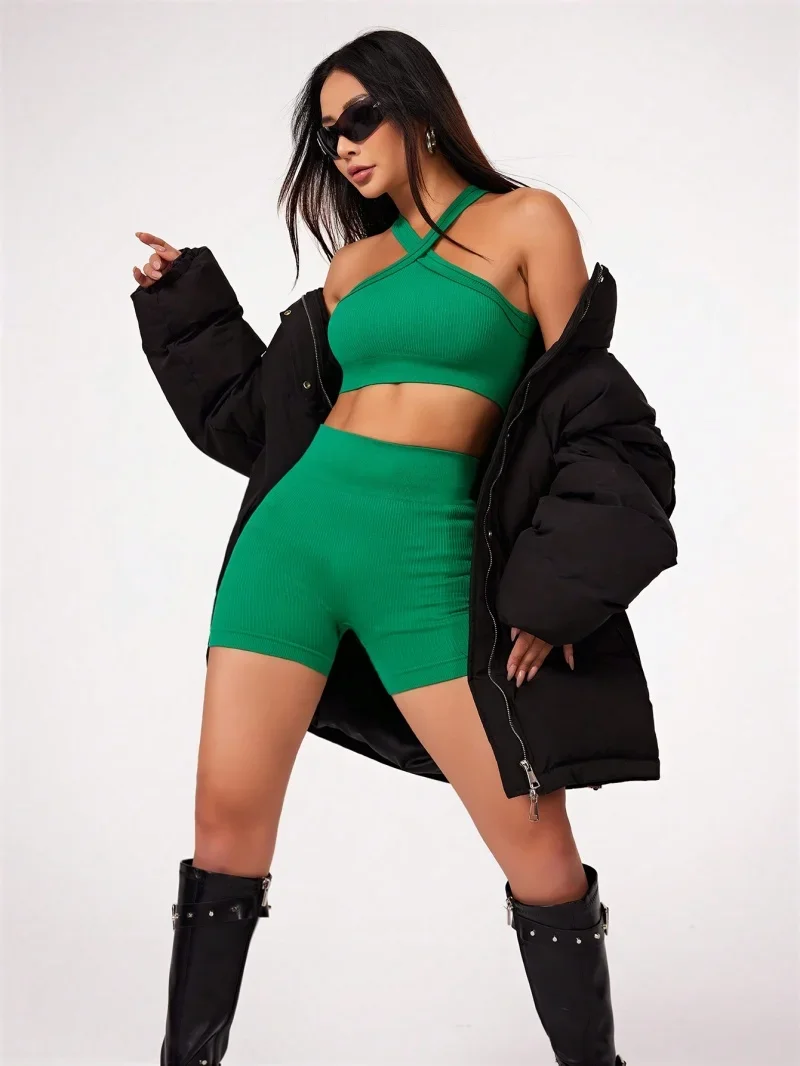 2 قطعة مجموعات اليوغا عارية يشعر الصالة الرياضية مجموعة النساء تجريب الملابس عالية الخصر اليوغا السراويل و Strappy الرياضة الصدرية مجموعات قصيرة الصيف