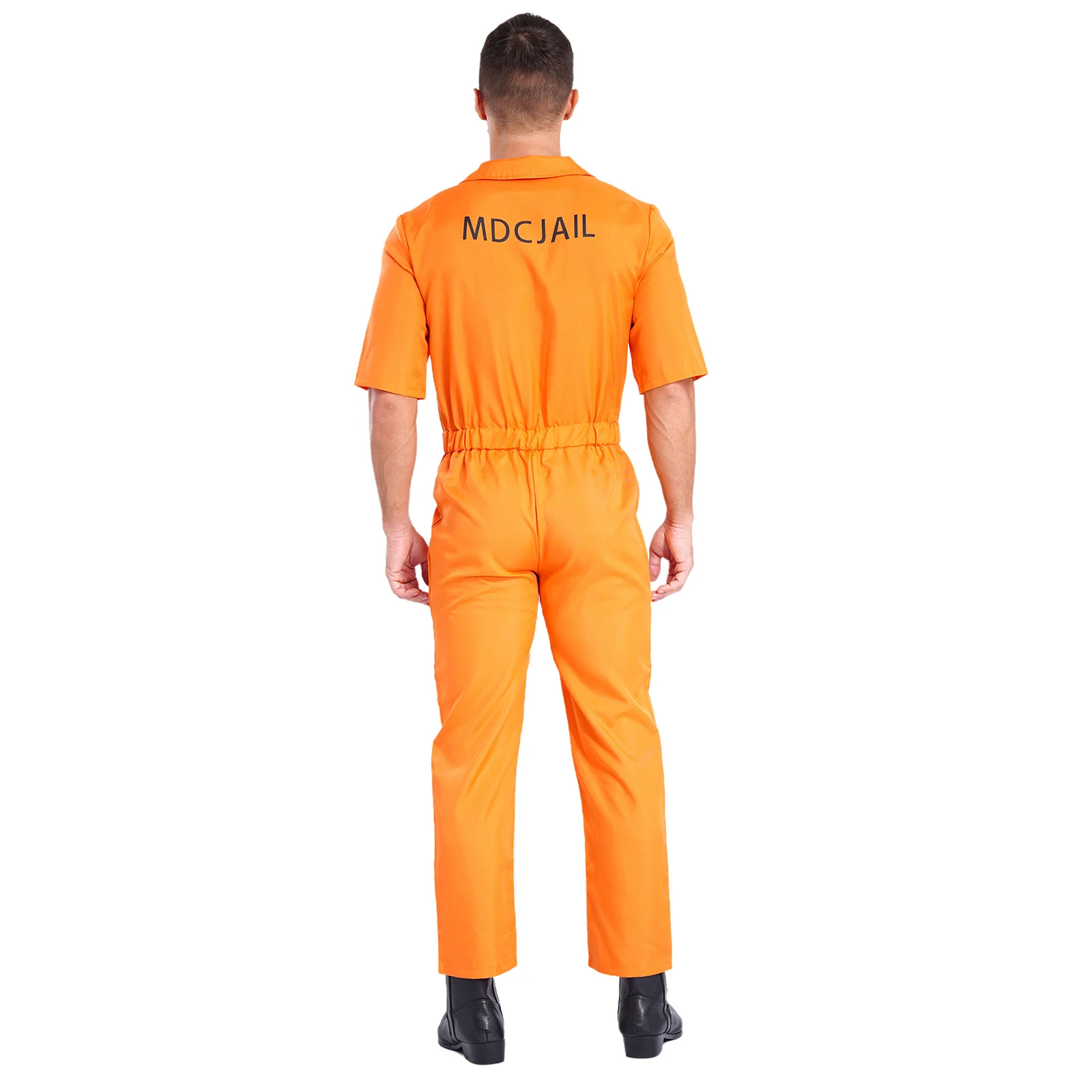 Mens Adult Inmate Jail Halloween Cosplay Costume Convict Detainee Outfit Prisoner Jailbird Jumpsuit Short Sleeve Print Overalls