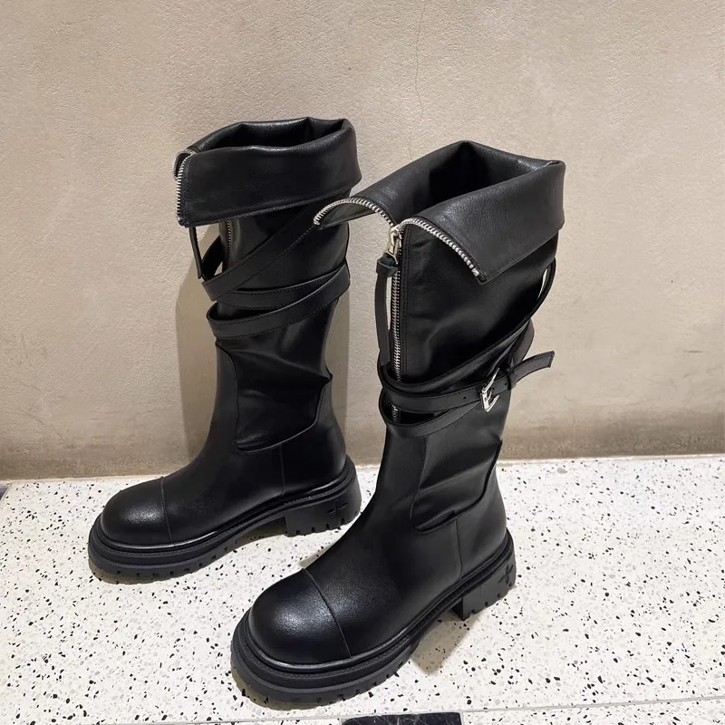 

Spring Autumn New Mid-calf Boots Women's Belt Buckle Thick-Soled Motorcycle Rider Boots High-top Ladies Fashion Leather Boots