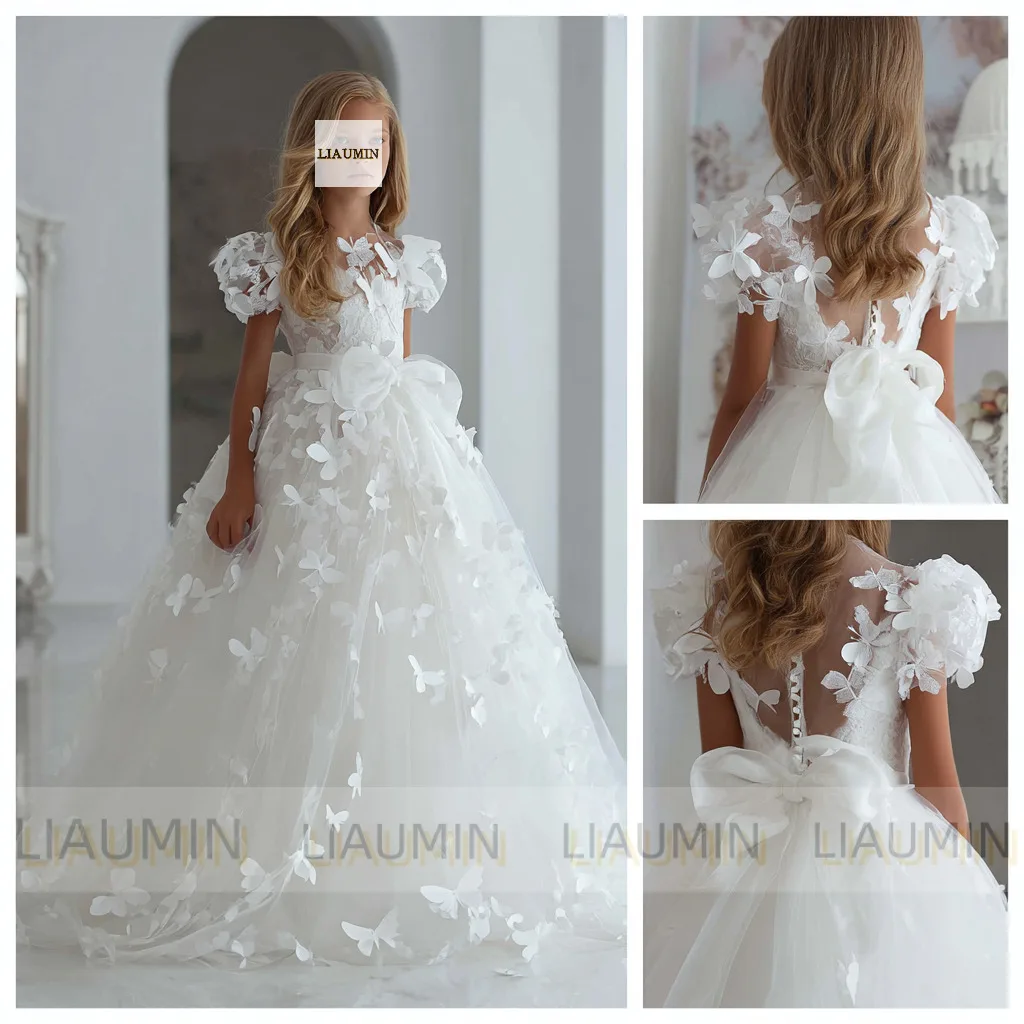 

Flower Girl Dresses Butterfly Applique For Wedding Formal Princess First Communion Gown Pageant Kids Skirt Customized W1.1.155