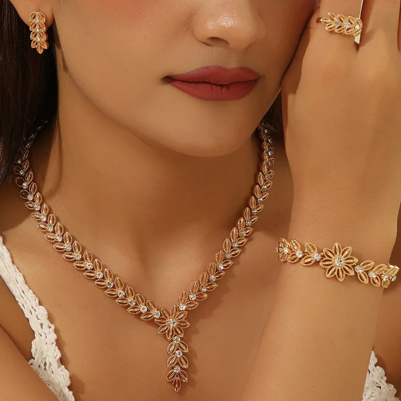 

AETEEY Ethnic Floral Wheat Ear Jewelry Set, Inlaid Luxury 4-Piece: Necklace Earrings Bracelet Ring Accessories