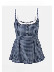 Sweet Girl Spliced Lace Fake Two-piece Plaid Suspender Women's Summer Off-shoulder Sleeveless Ruffles Slim Short Camisole Tops