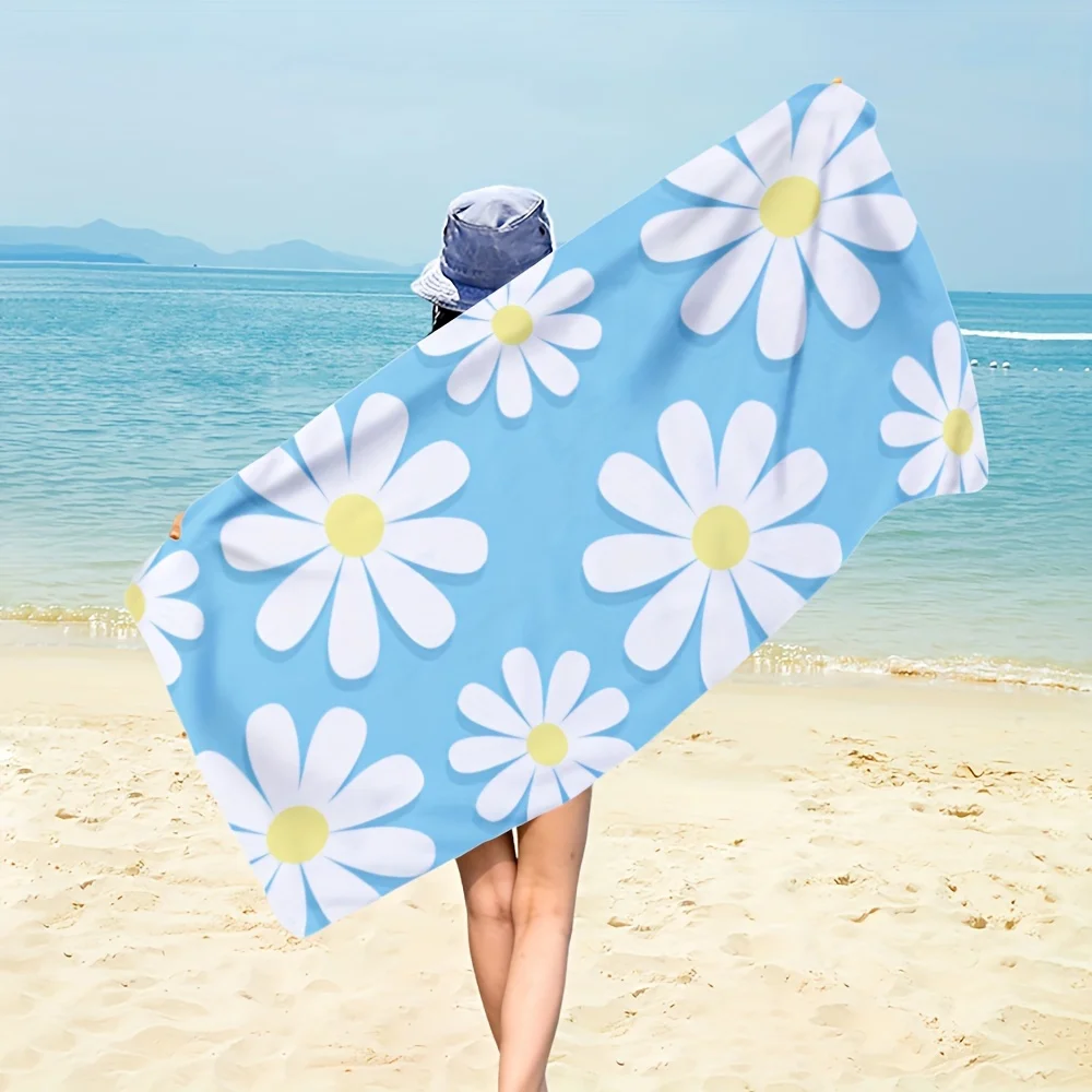 White Daisies On Blue Sky Background Fresh Style Printed Beach Towels, Super Soft Microfiber Flowers Beach Towels