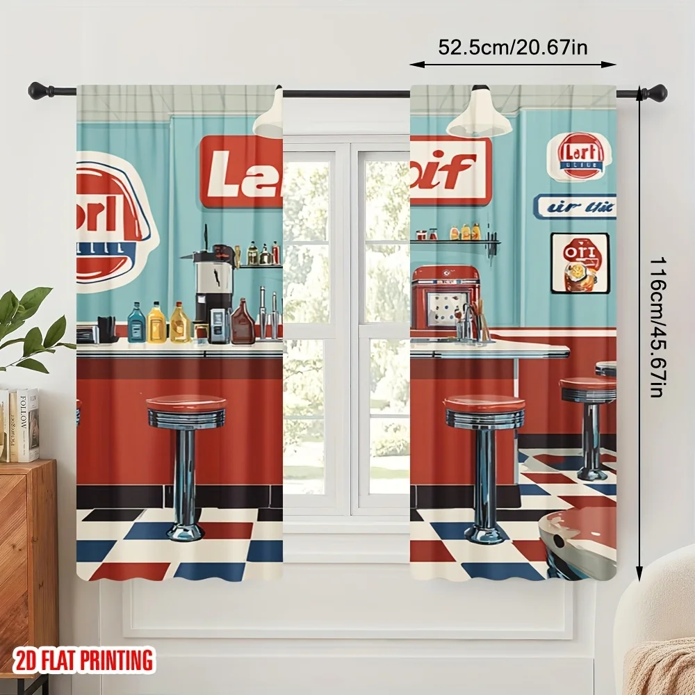 Retro American Diner Scene Blackout Curtains - Vintage 50s Kitchen Bar Print Window Drapes for Cafe Restaurant
