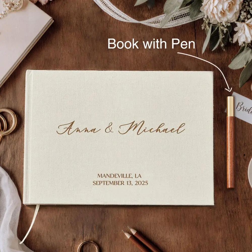 Livre d'or de mariage personnalisé avec stylo, album photo en lin rigide personnalisé, souvenir de mariage et livre d'or commémoratif pour anniversaire, cadeau