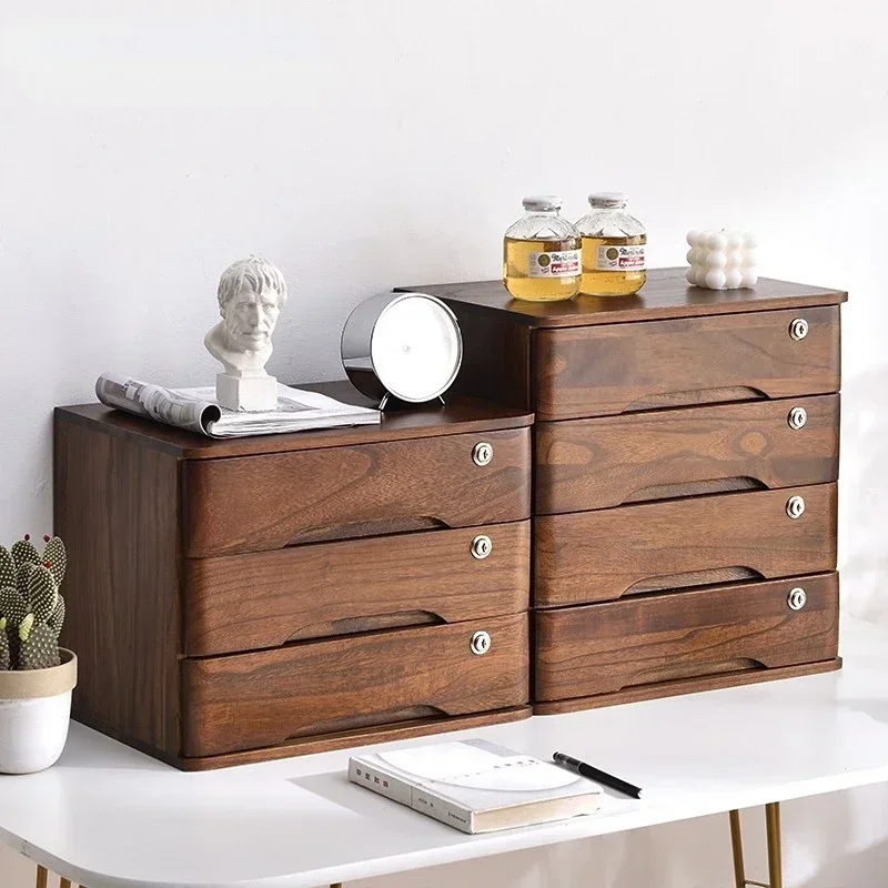 Retro Style Solid Wood Storage Box, Multi-layer Drawer Cabinet with Lock, Desktop File Organizer, Office Debris Box.