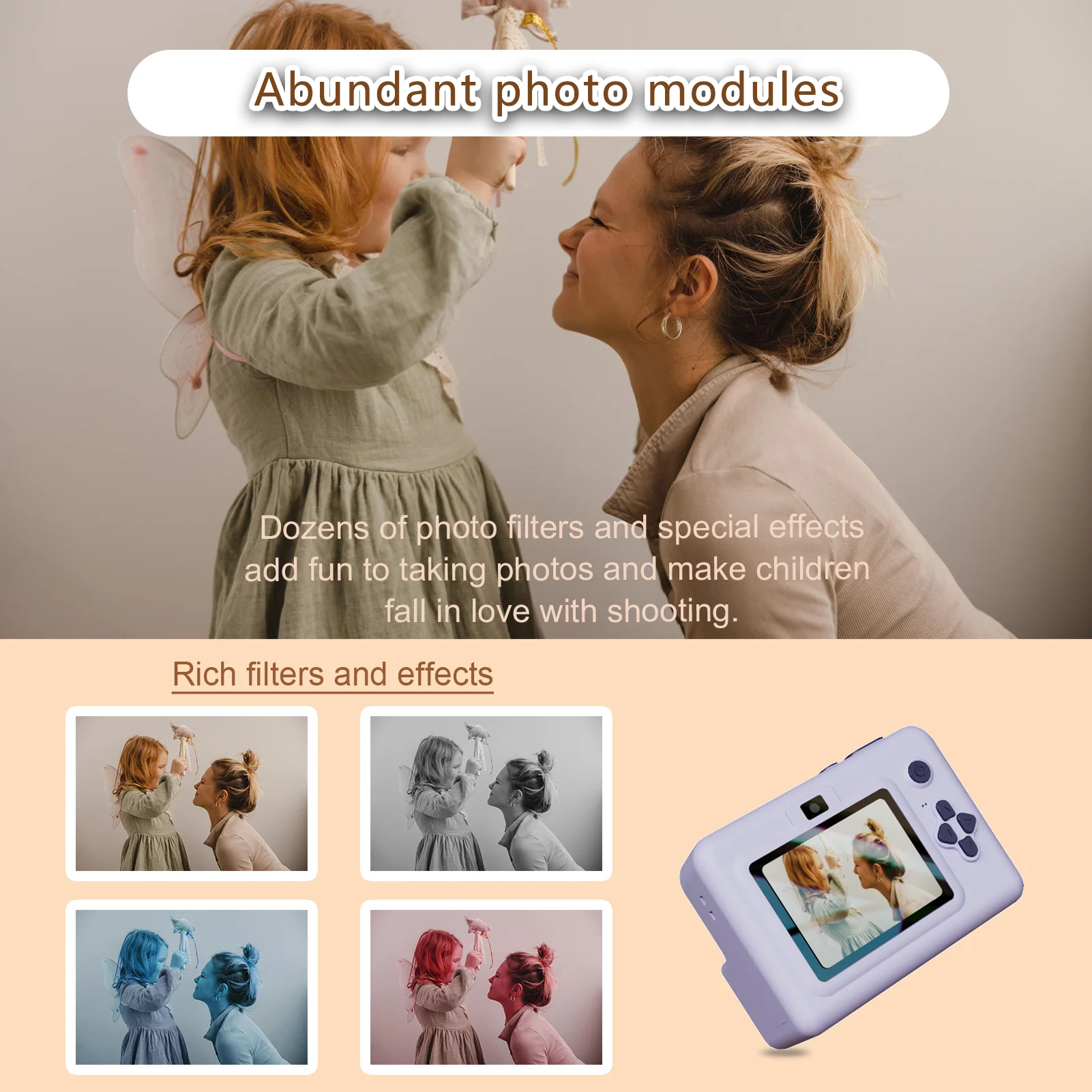 Appareil photo numérique à impression instantanée pour enfants, vidéo selfie 1080P, appareil photo à sérigraphie 2.8 ", jouets cadeaux pour filles et garçons